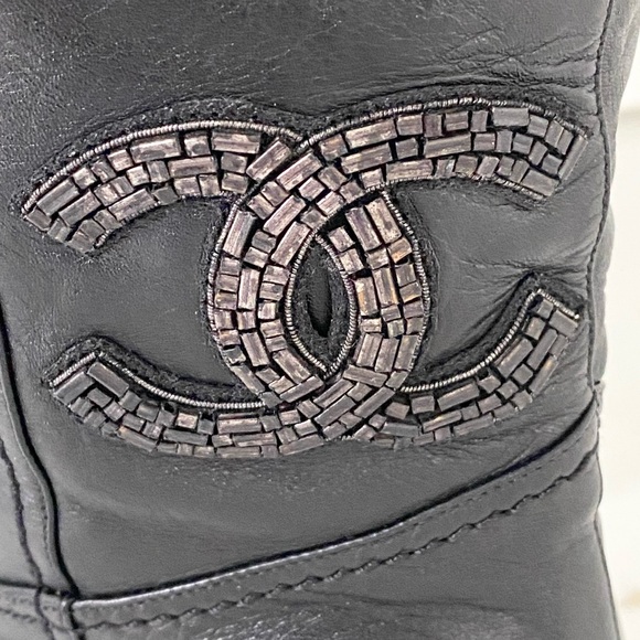 Chanel CC Crystal Embellished Black Leather Wedge Heel Calf Boots - Picture 9 of 12